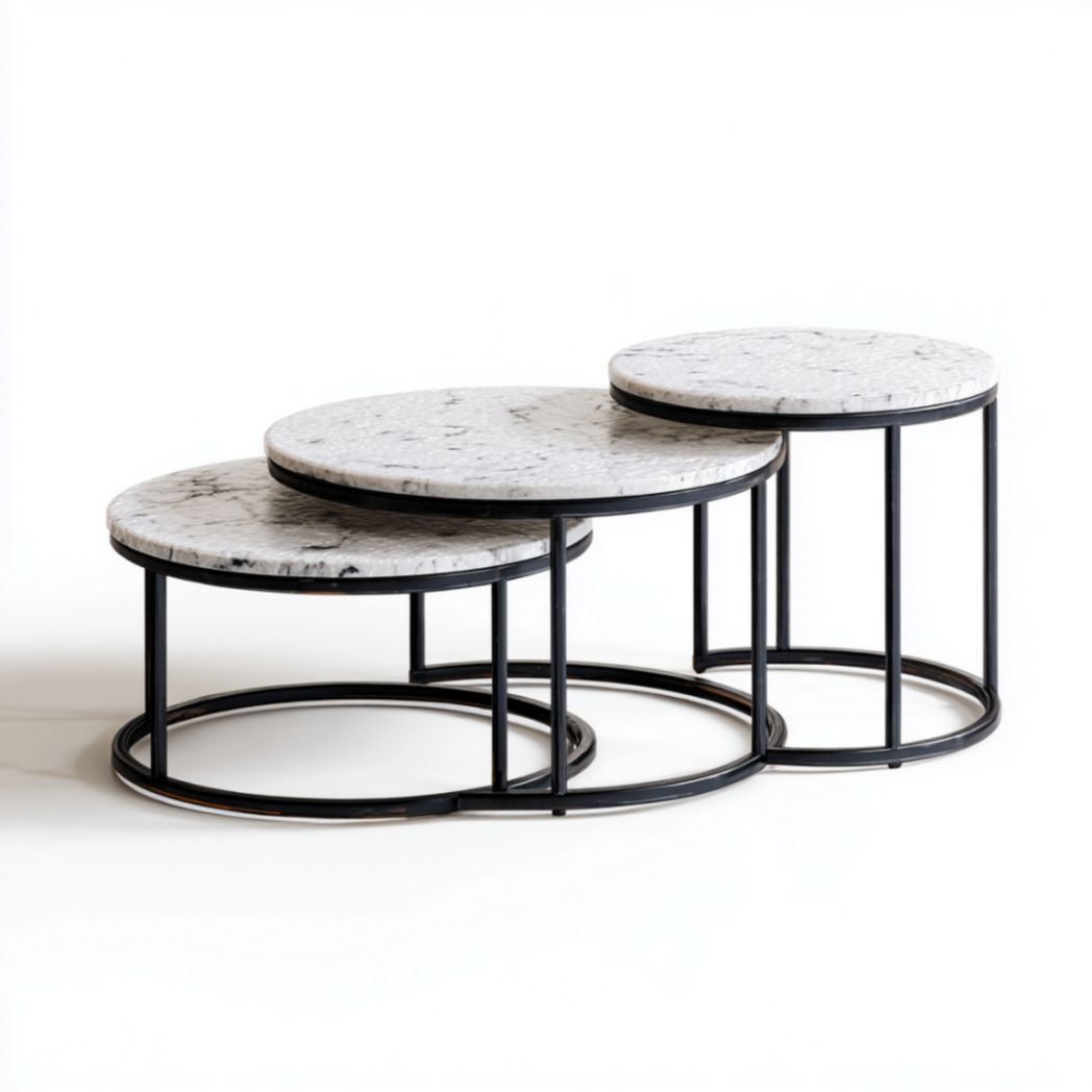 Lot de 3 Tables Basses Gigognes Rondes Effet Marbre et Métal Noir-Burningtreesft