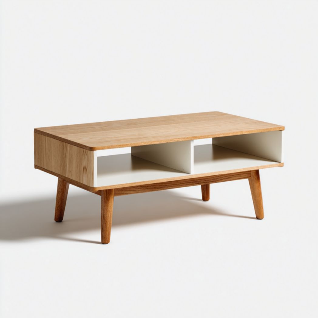 Table Basse Rectangulaire en Bois de Chêne avec 2 Niches de Rangement Blanches-Burningtreesft
