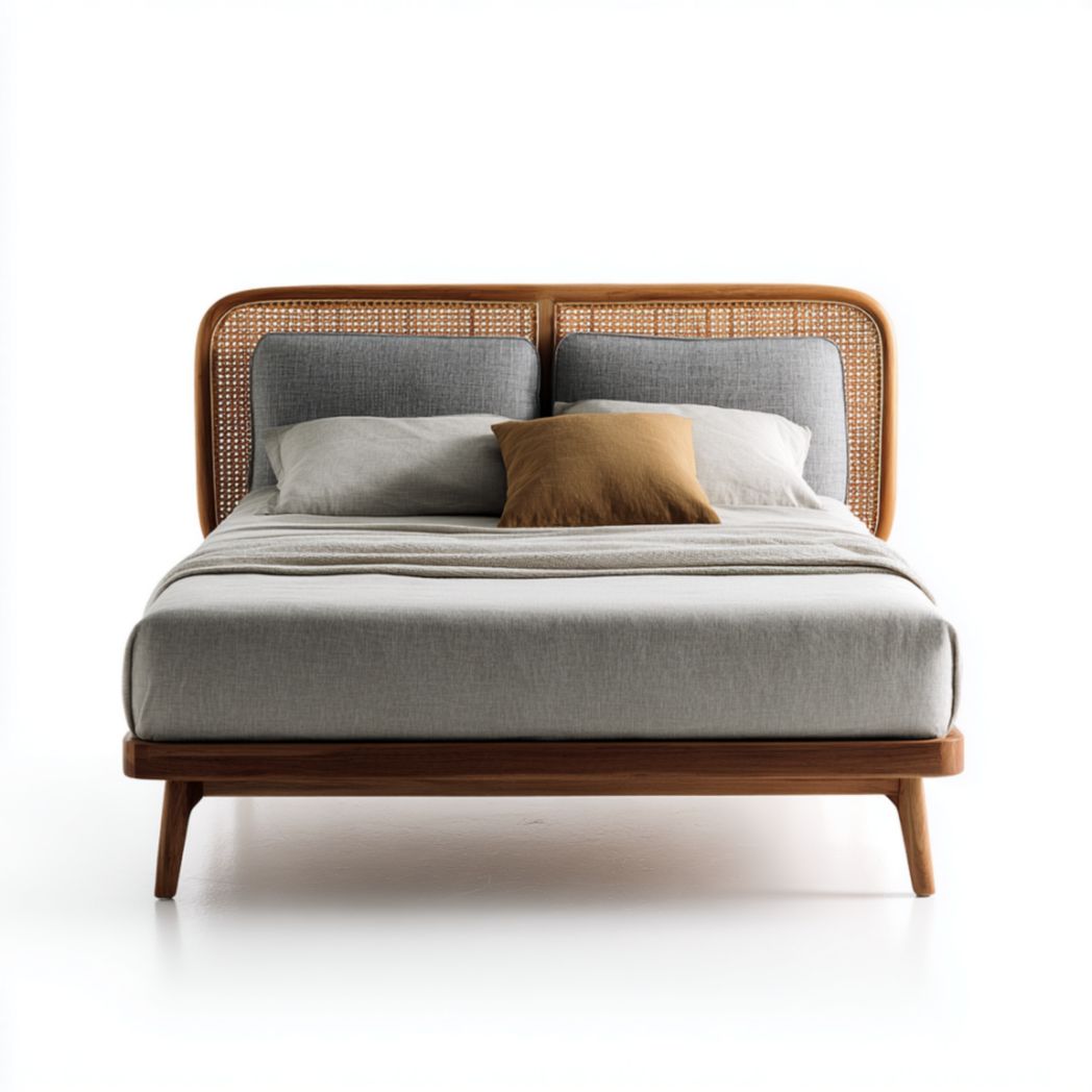 Cadre de Lit Double en Bois de Frêne avec Tête de Lit en Cannage et Tissu-Burningtreesft