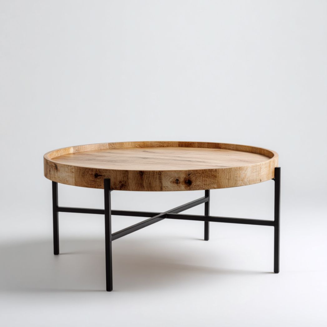 Table basse ronde en bois de manguier avec rebord et structure en fer-Darranfurniture