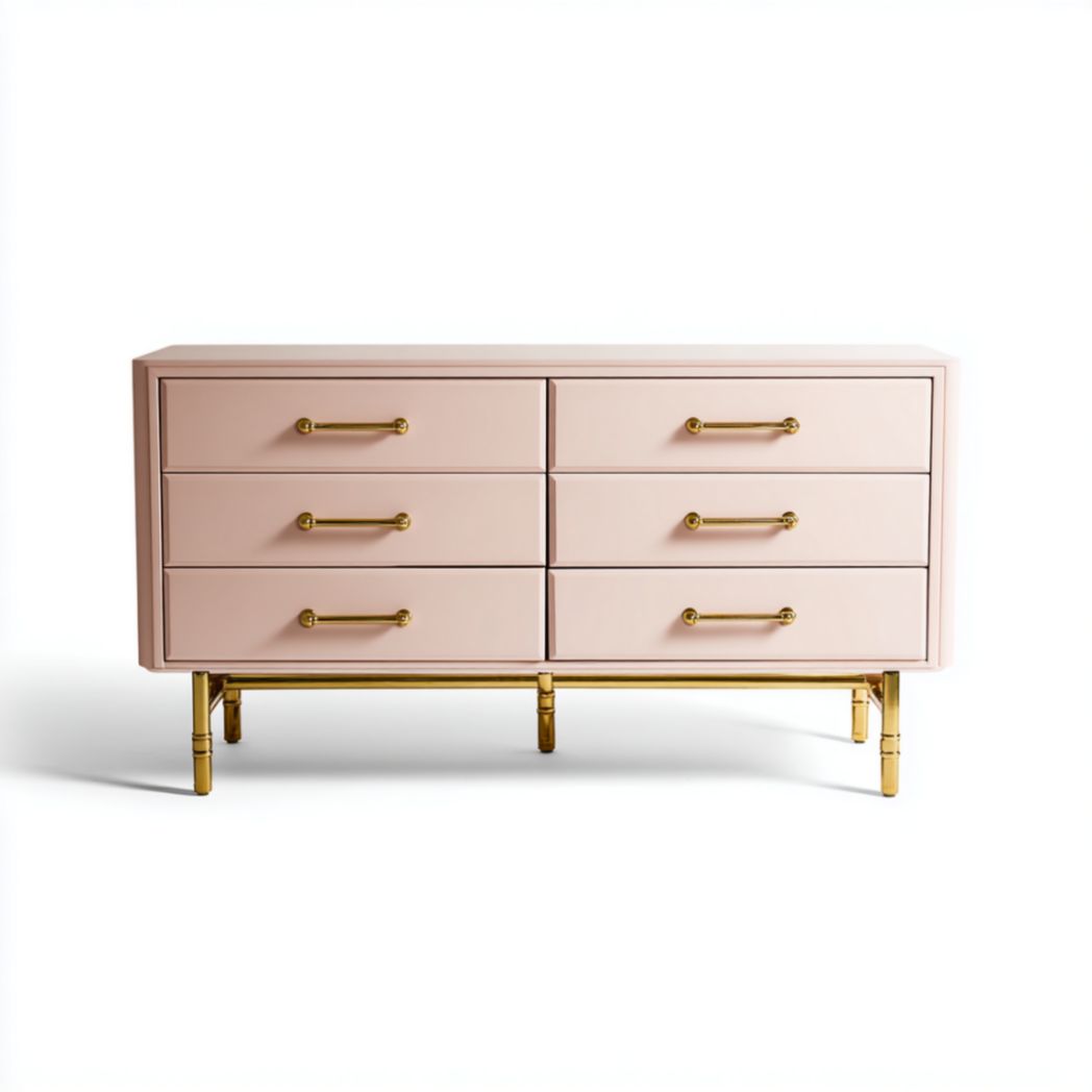 Commode à 6 tiroirs en bois laqué rose et structure en acier doré-Darranfurniture