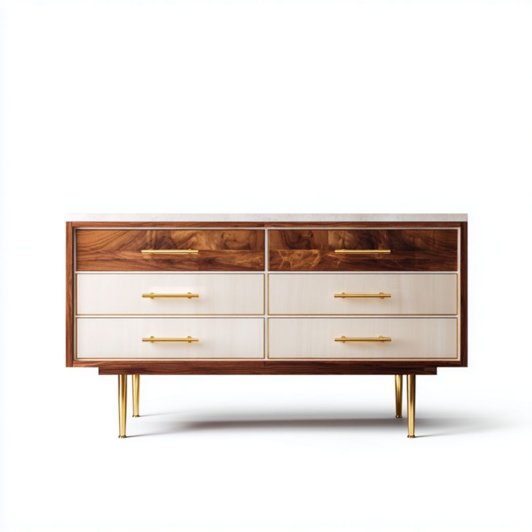 Commode à six tiroirs en bois de noyer et métal doré-Darranfurniture