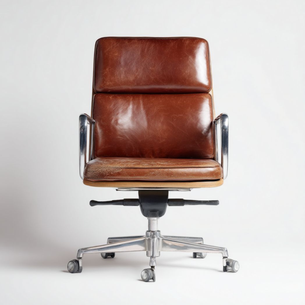 Fauteuil de bureau pivotant en cuir synthétique marron et structure en aluminium-Darranfurniture