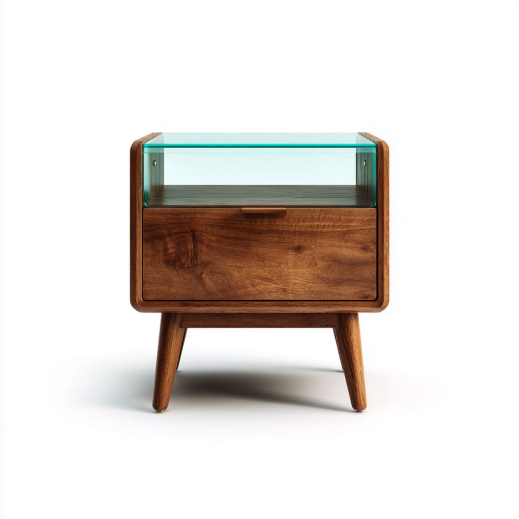 Table de chevet en bois de noyer avec plateau en verre trempé-Darranfurniture