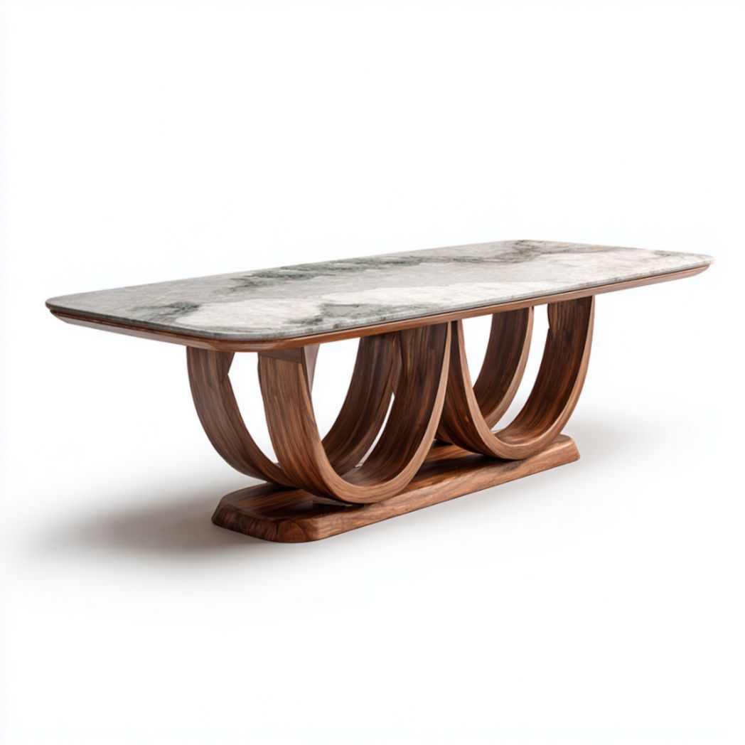 Table de salle à manger rectangulaire avec plateau en marbre gris et piétement en bois de noyer cintré-Darranfurniture