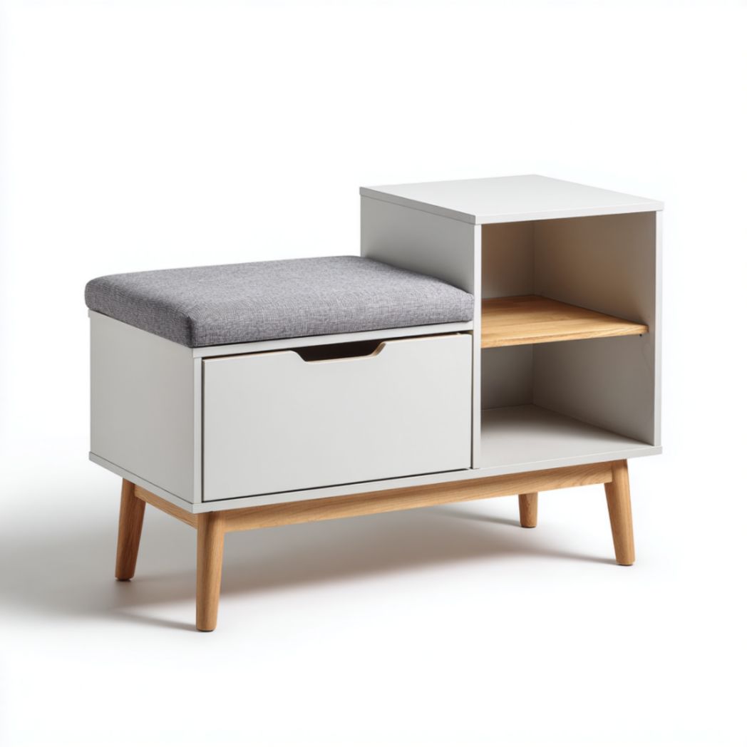 Banc en bois avec coussin et étagères de rangement-Darranfurniture