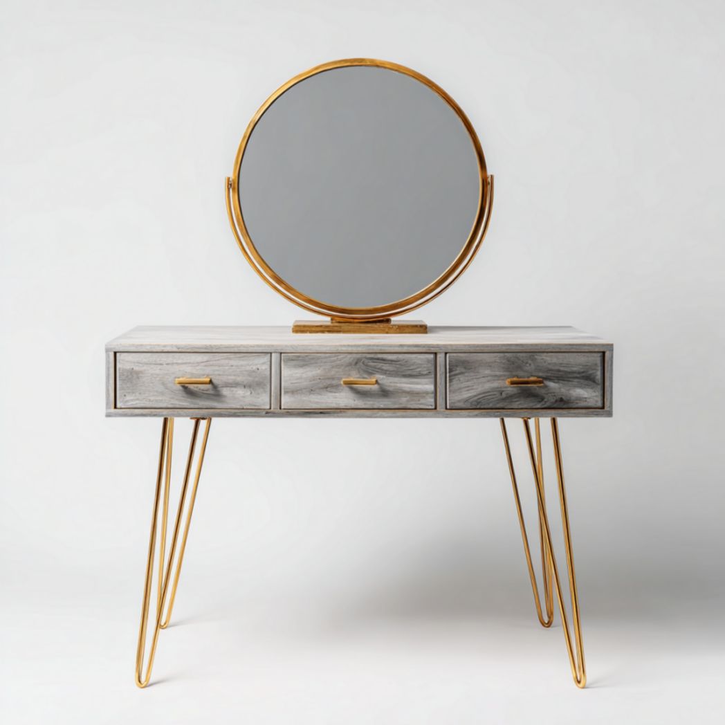 Coiffeuse ronde à pieds en métal et miroir – grise-Darranfurniture