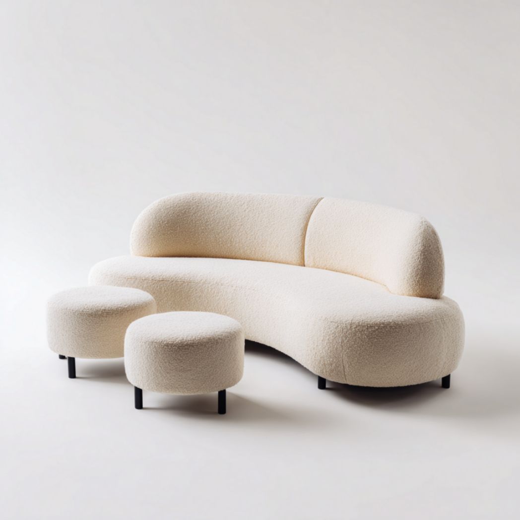 Canapé blanc en tissu bouclé avec repose-pieds, design courbé, 3 places-Darranfurniture