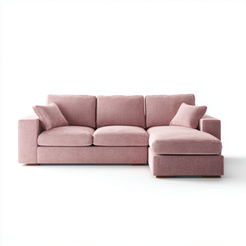 Canapé d'angle 3 places en tissu tissé rose avec méridienne et pieds en bois-Darranfurniture