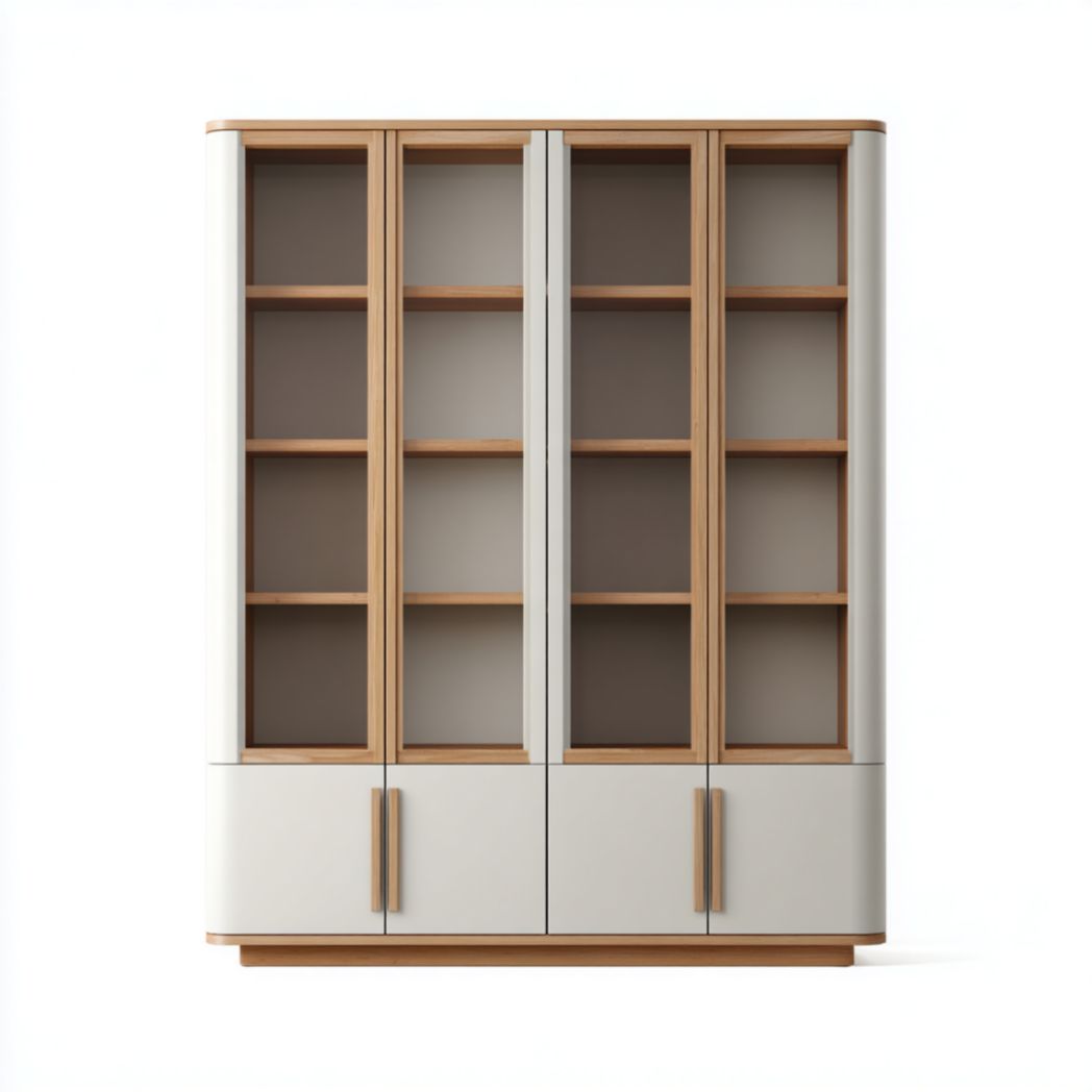 Bibliothèque en Chêne et Verre Trempé avec Meuble de Rangement à 4 Portes-Izpkafurniture