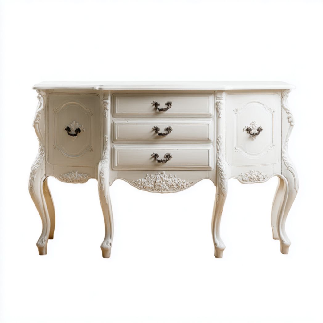 Buffet blanc sculpté avec trois tiroirs centraux-Izpkafurniture