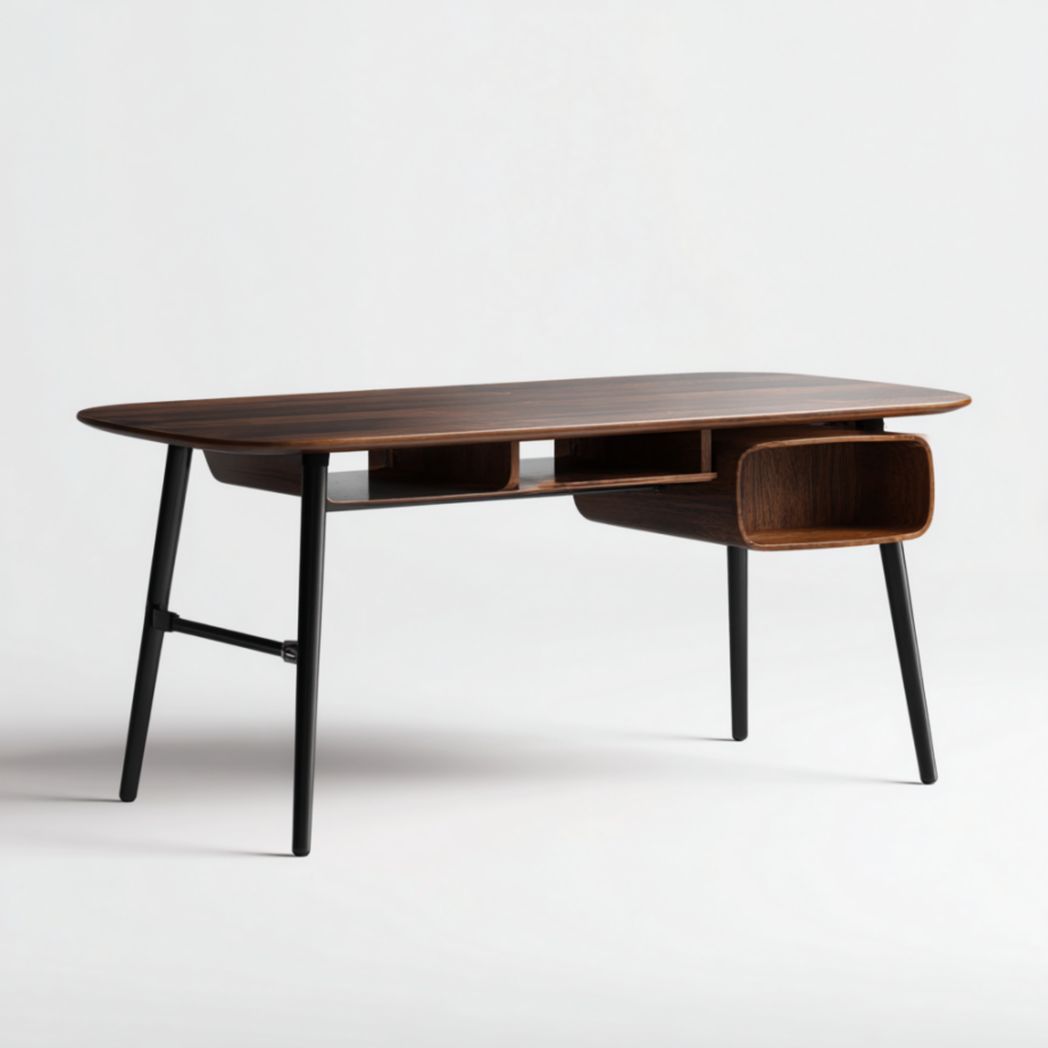 Bureau en Bois de Noyer avec Pieds en Acier et Casiers de Rangement-Izpkafurniture