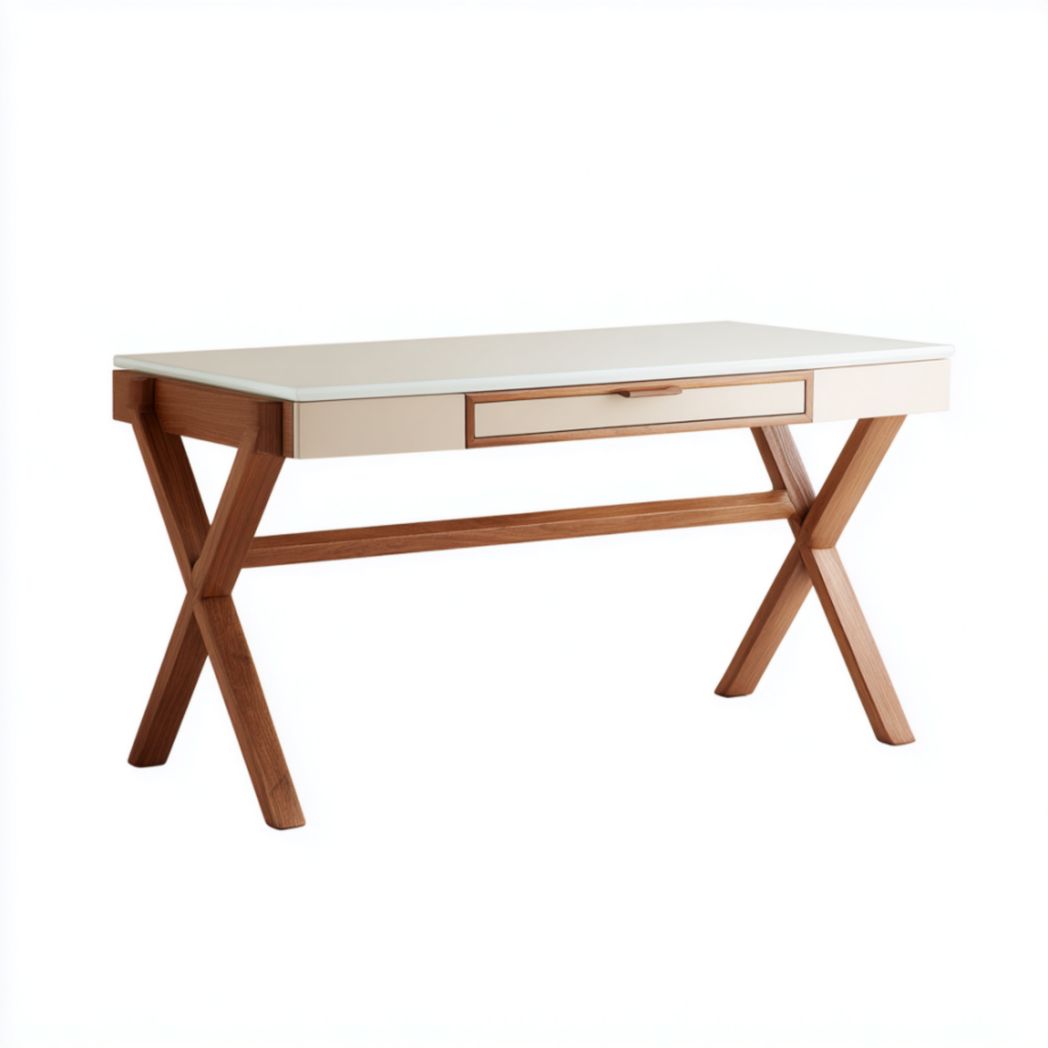 Bureau de travail en bois de frêne avec tiroir central et pieds en X-Izpkafurniture