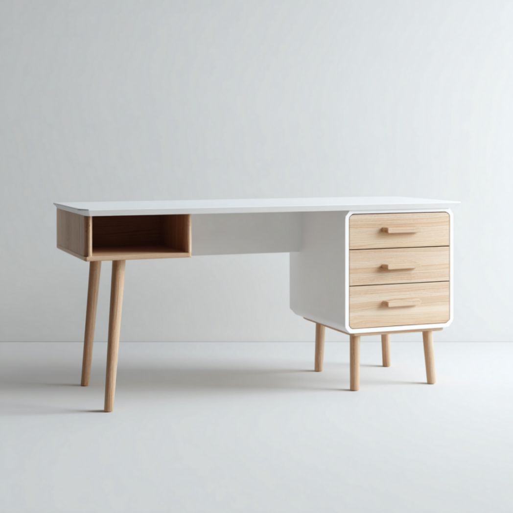 Bureau blanc à structure rigide avec 3 tiroirs en chêne-Izpkafurniture