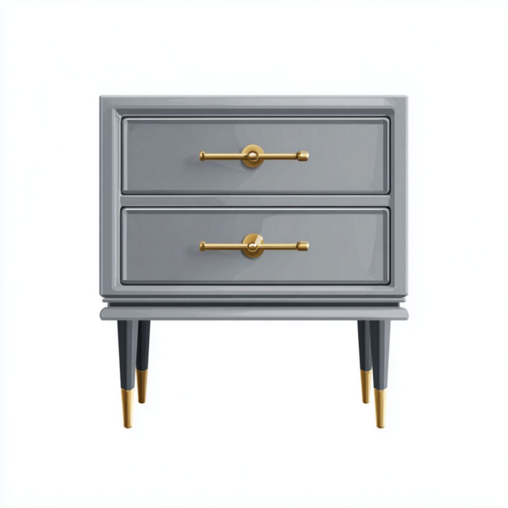 Table de chevet laquée grise avec poignées dorées et pieds en aluminium-Izpkafurniture