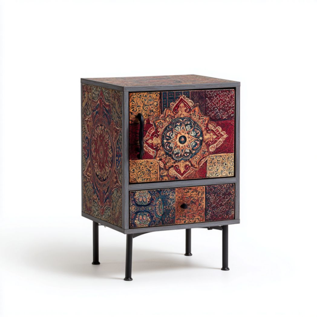 Meuble d'appoint avec motifs mandalas colorés et pieds en fer noir-Izpkafurniture