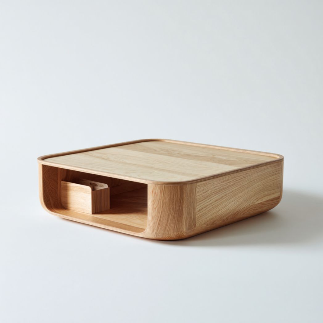 Table basse basse en bois de chêne clair avec compartiment ouvert-Izpkafurniture