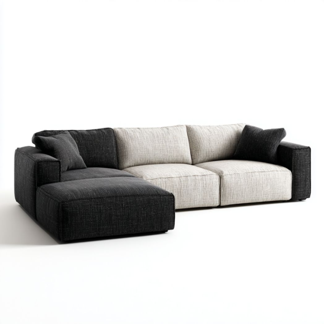 Canapé d'angle modulable 3 places en tissu chiné bicolore noir et blanc et structure en pin-Izpkafurniture