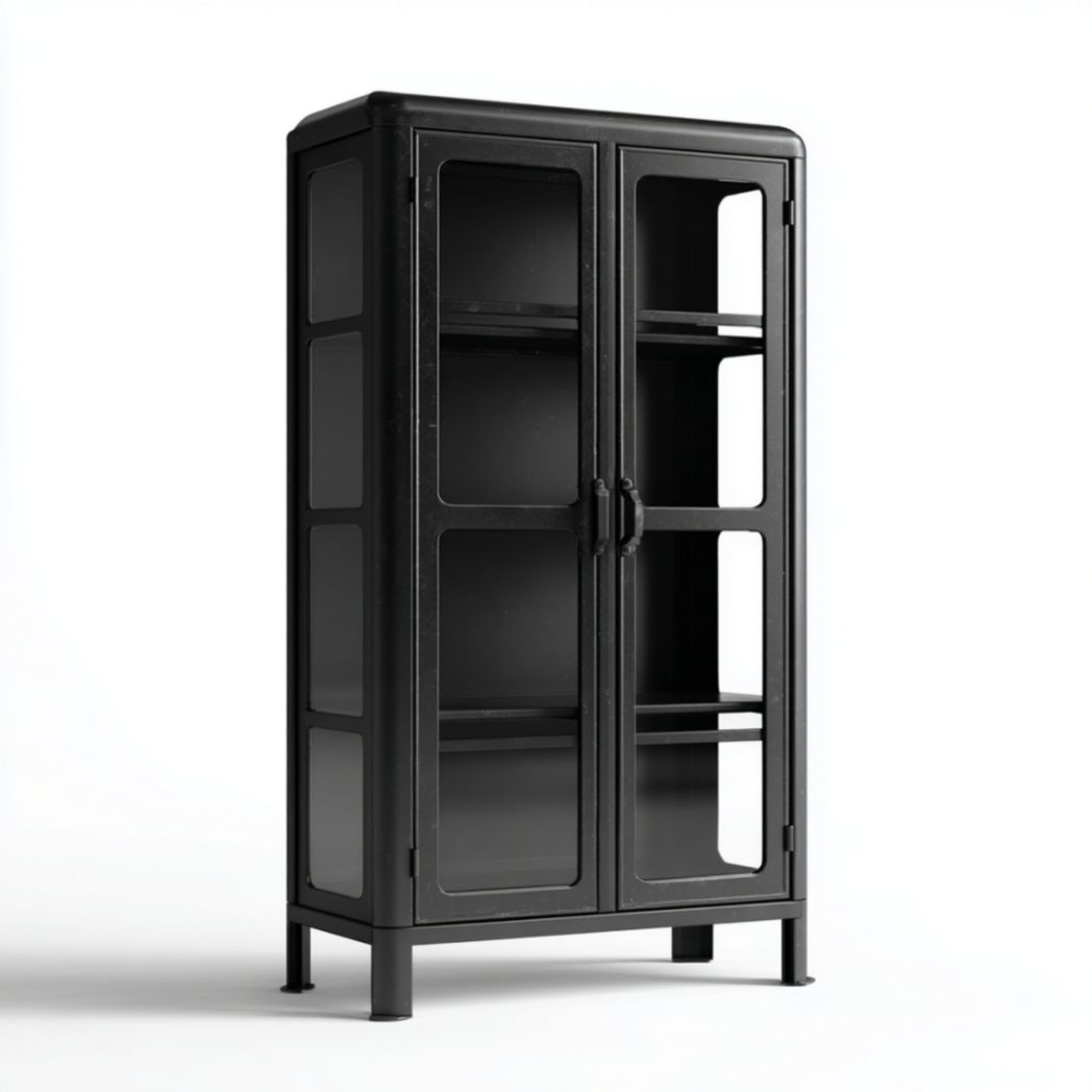 Vitrine et meuble de rangement en acier avec verre trempé noir-Izpkafurniture