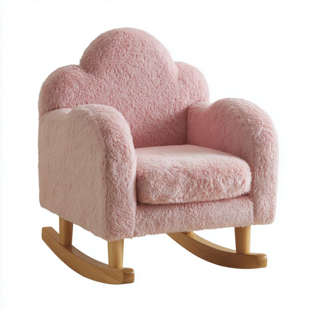 Fauteuil à bascule pour enfant en peluche synthétique rose et base en bois massif-Izpkafurniture