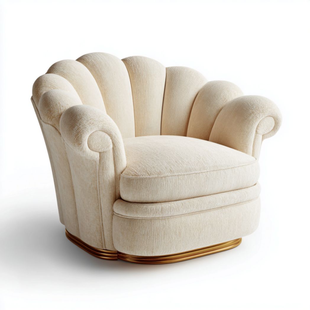 Fauteuil cabriolet en tissu chenille blanc cassé avec base dorée-Izpkafurniture