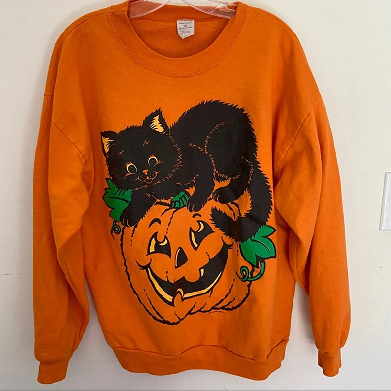 Vintage Black Cat Pumpkin Halloween Sweatshirt-Lulueye