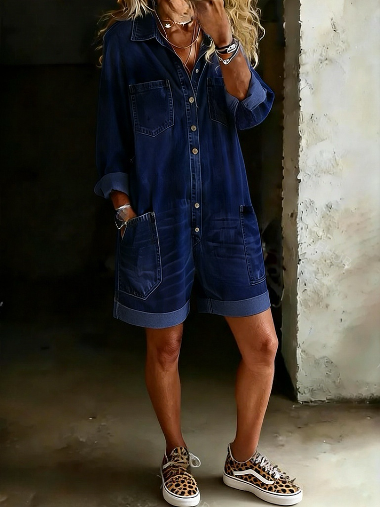 Women's Solid Color Casual Cotton Denim Jumpsuit Shorts