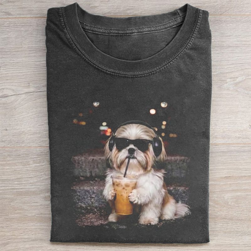 Shih Tzu with Headphones and Iced Coffee Graphic T-shirt