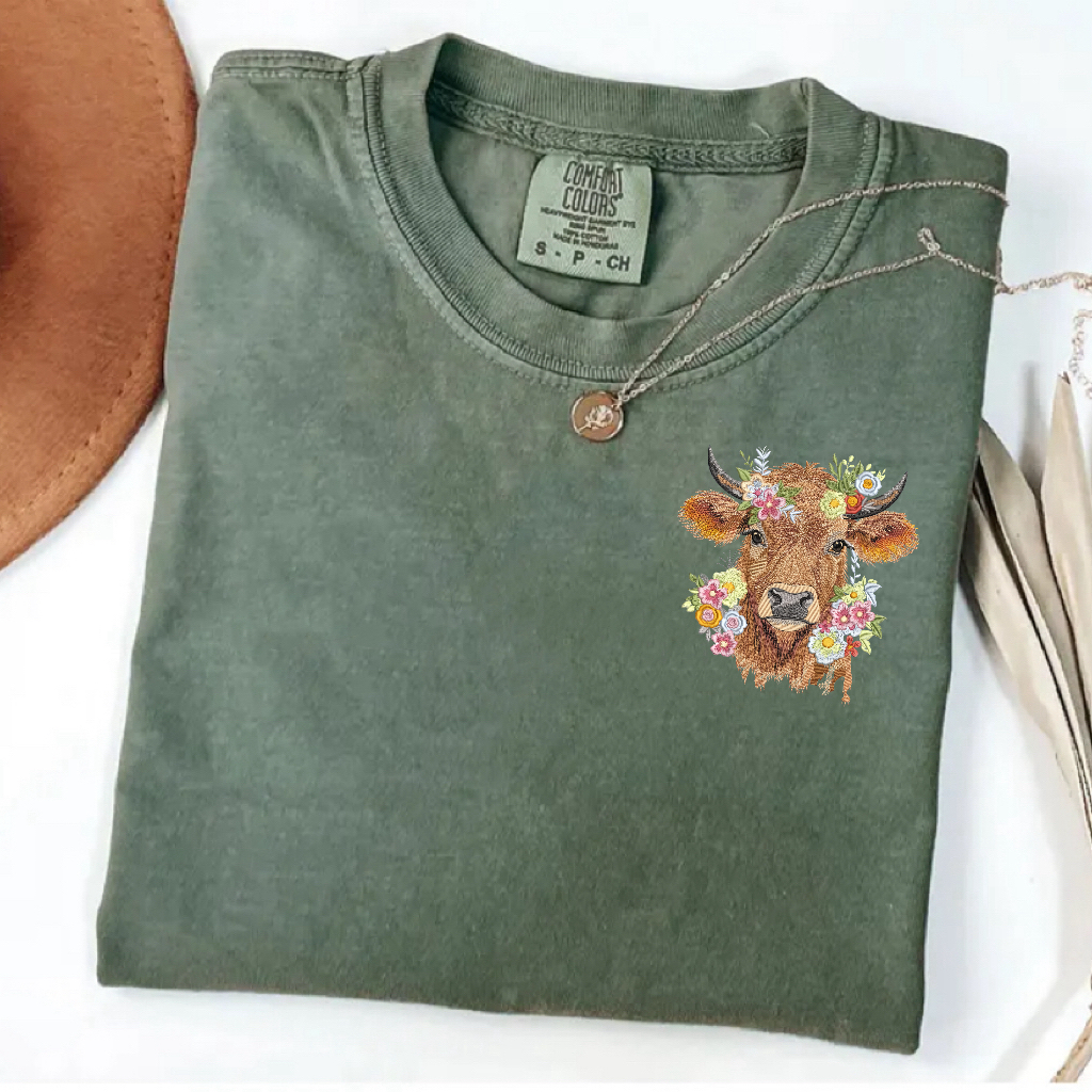 Embroidery Cute Highland Cow T-shirt