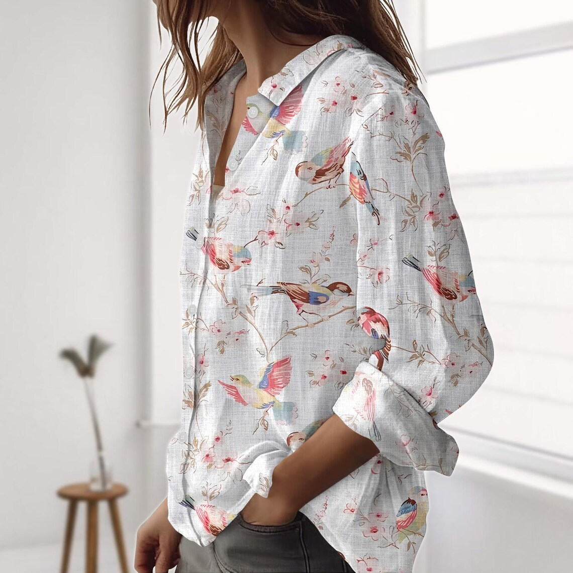Birds Flower Linen-Look Shirt