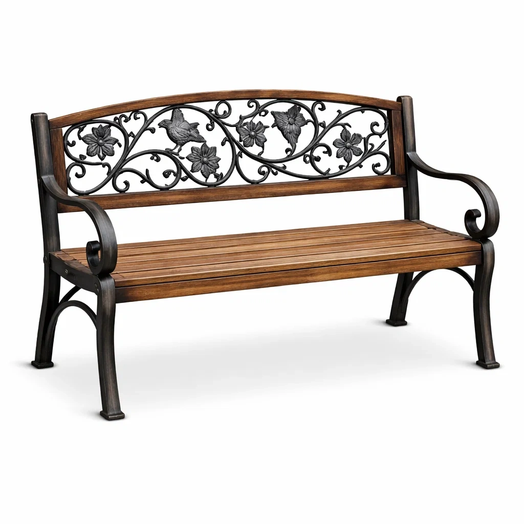 Panchina da Giardino in Legno e Ghisa con Motivo Floreale-COZYSERENITYHOME