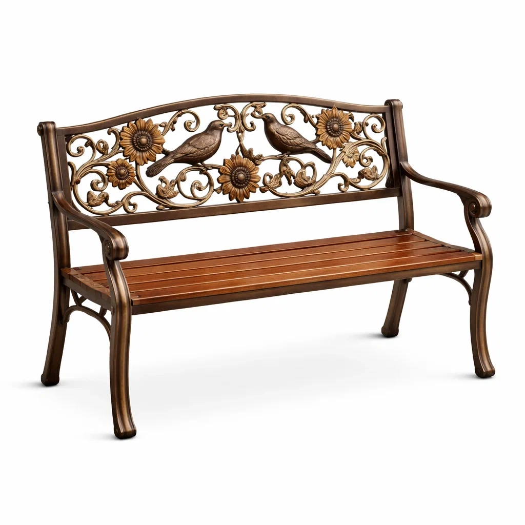 Panchina da Giardino in Ghisa e Legno con Motivo Floreale Bronzo-COZYSERENITYHOME