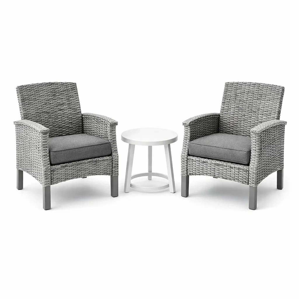 Set relax in Rattan con 2 Poltrone Cuscini Grigi e Tavolo in Resina Bianca-COZYSERENITYHOME