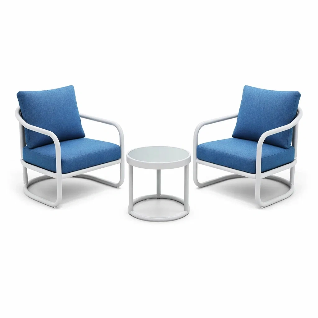 Set relax da Esterno con 2 Poltrone Blu Struttura in Acciaio e Tavolino Rotondo-COZYSERENITYHOME