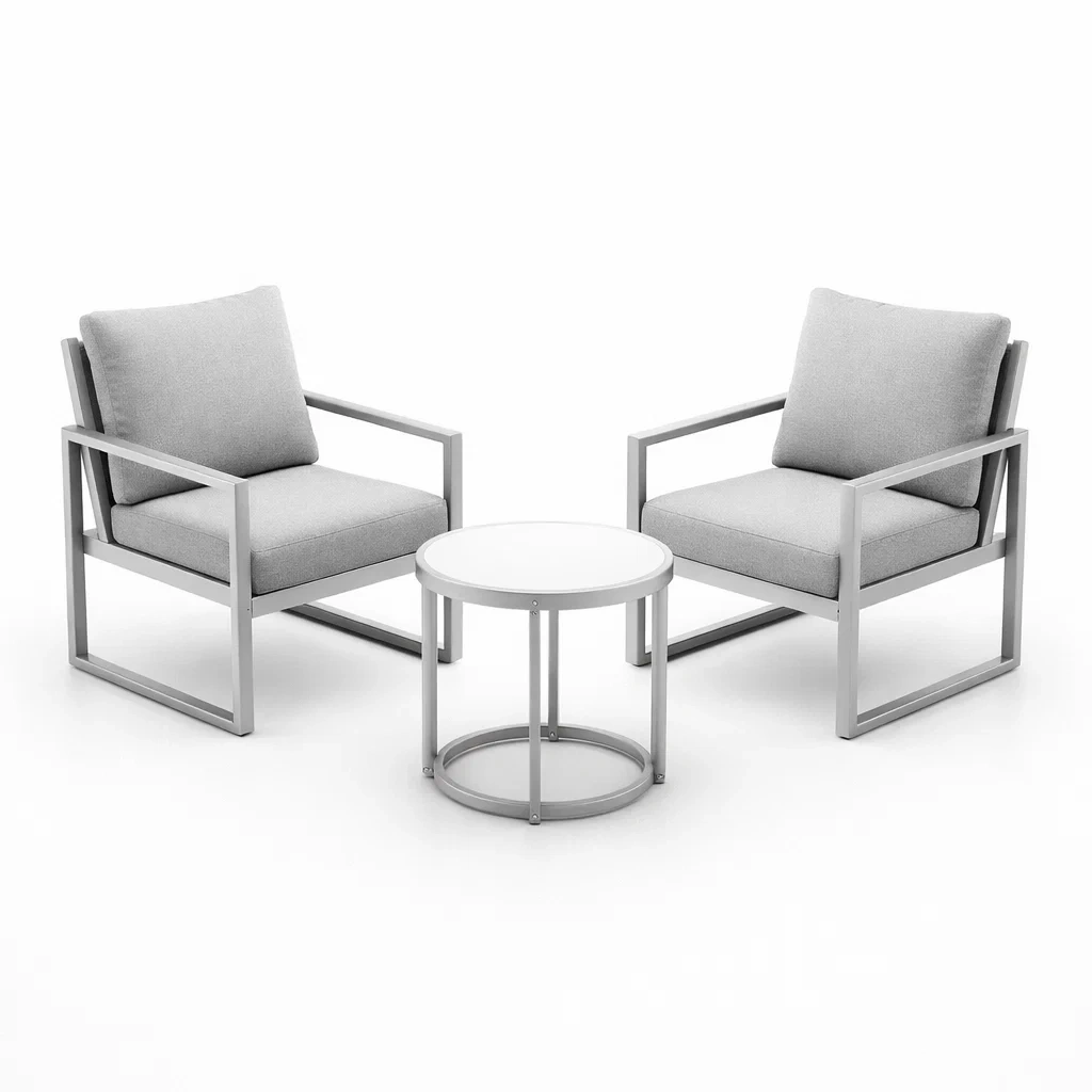 Set relax da Esterno in Alluminio e Tessuto Grigio con 2 Poltrone e Tavolino-COZYSERENITYHOME