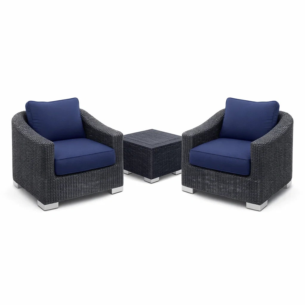 Set relax con 2 Poltrone in Rattan Nero Tavolino e Cuscini Blu-COZYSERENITYHOME