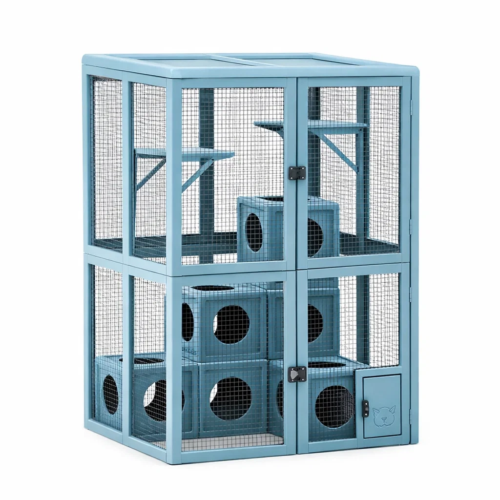 Gabbia per gatti in Metallo Verniciato Blu con Mensole e Cubi Gioco 120x80x160 cm-LUXELIVINGVIBE