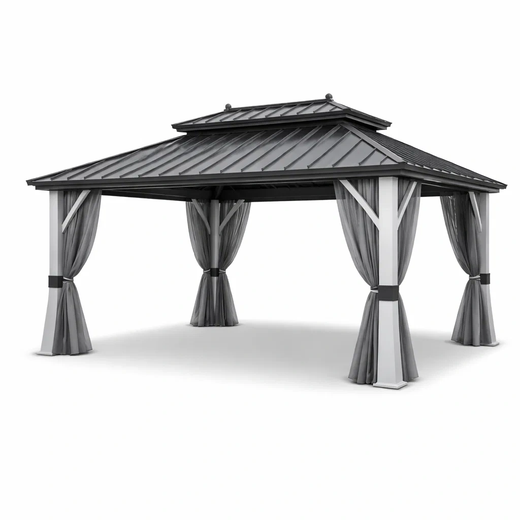 Gazebo da Giardino in Metallo con Tende in Poliestere Grigie-LUXELIVINGVIBE
