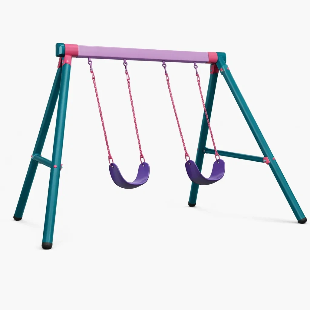 Set altalena Doppia da Esterno in Acciaio e Plastica Verde Viola e Rosa-LUXELIVINGVIBE