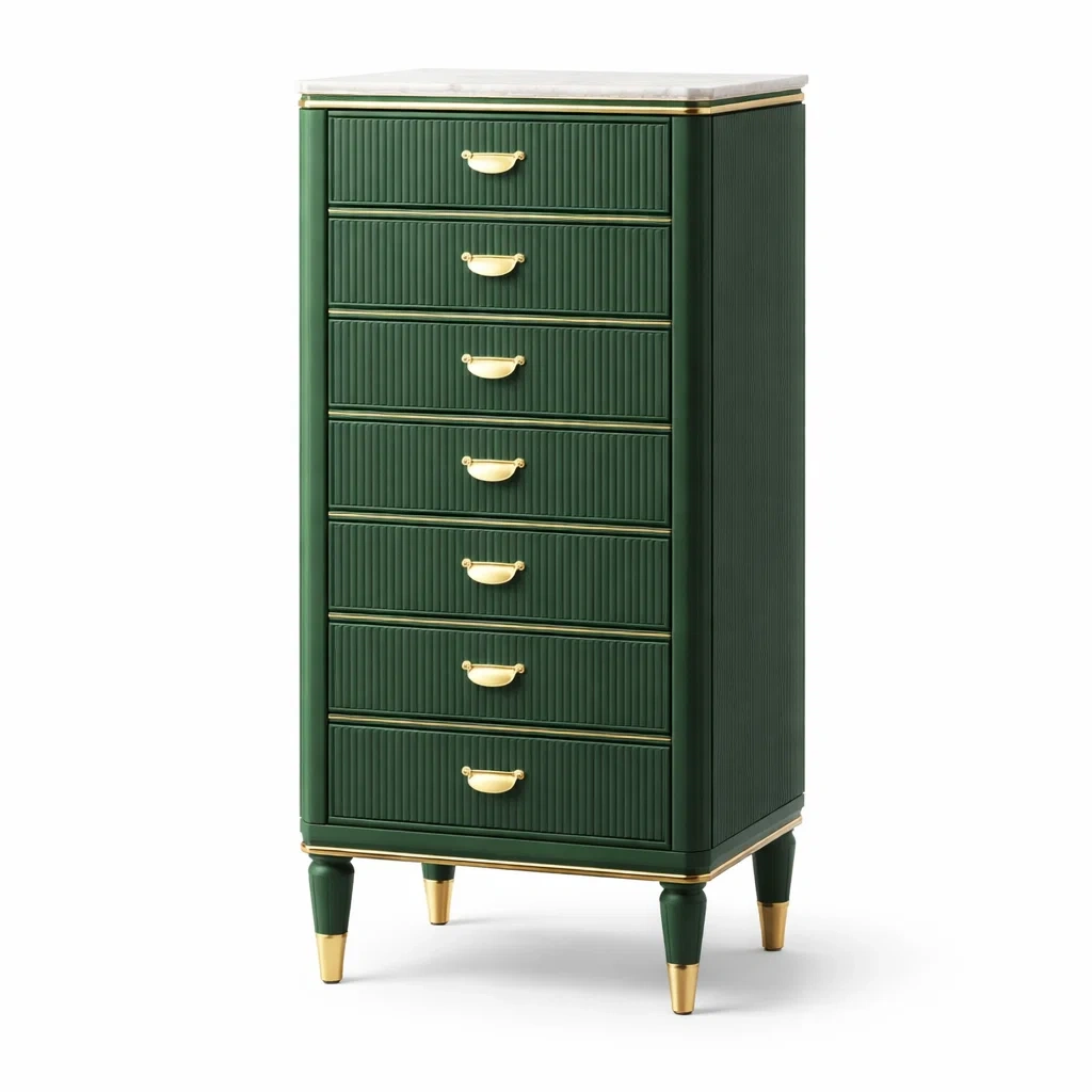 Cassettiera in legno verde con 7 cassetti e maniglie in metallo dorato-PURENOOKVIBES
