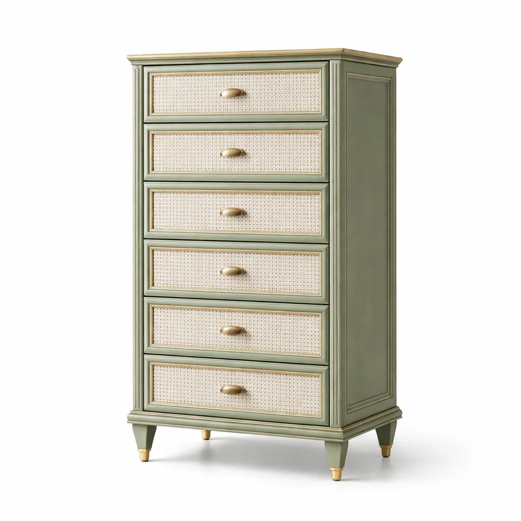Cassettiera in legno verde con 6 cassetti e pannelli in rattan-PURENOOKVIBES