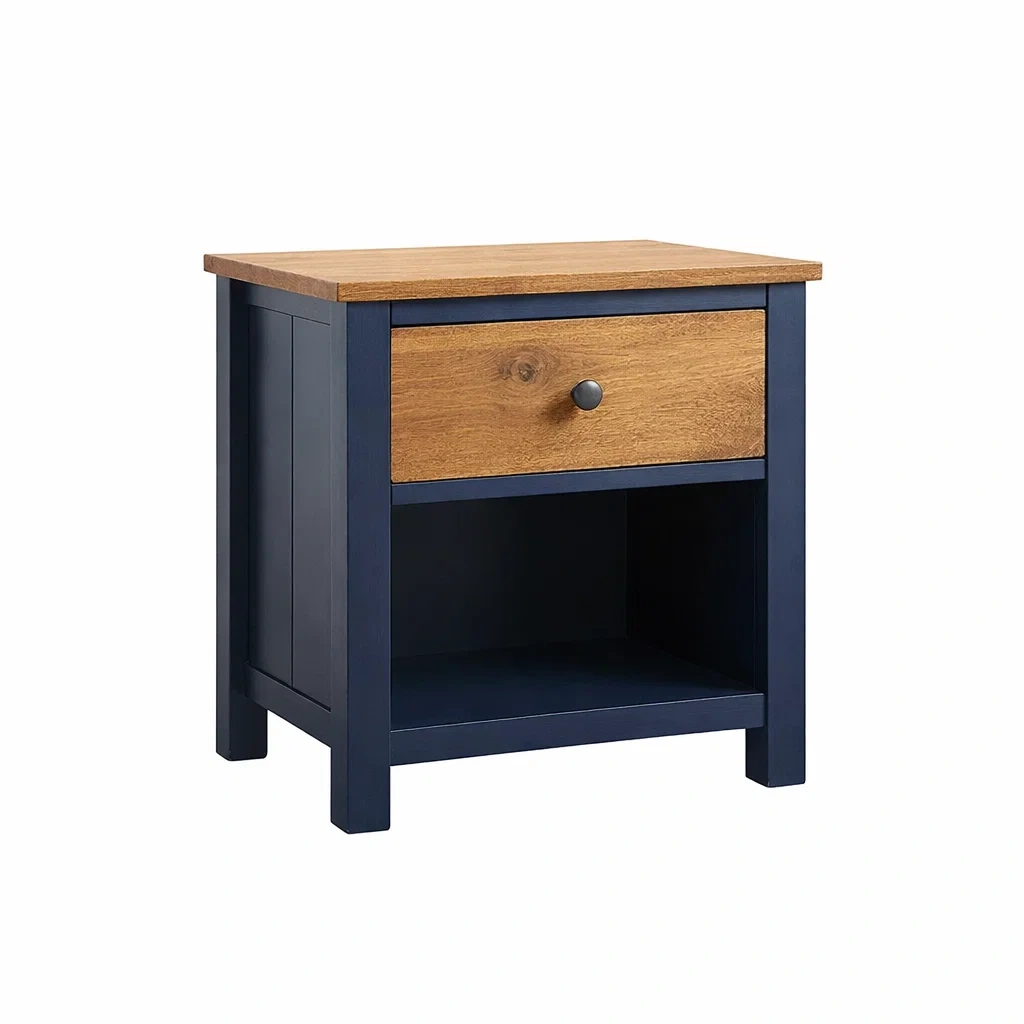 Comodino in legno di quercia e MDF con cassetto blu scuro-PURENOOKVIBES