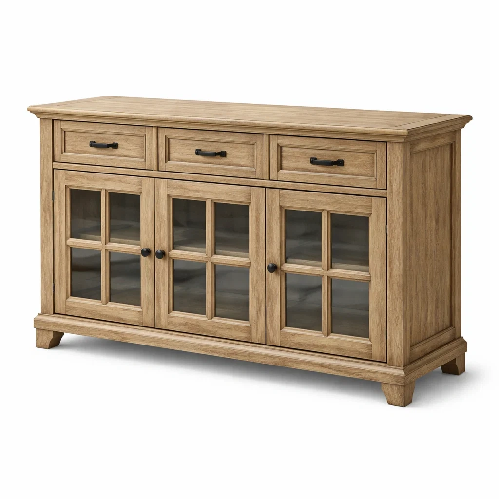 Madia in legno con vetro temperato con 3 ante e 3 cassetti 150x40x90 cm-PURENOOKVIBES