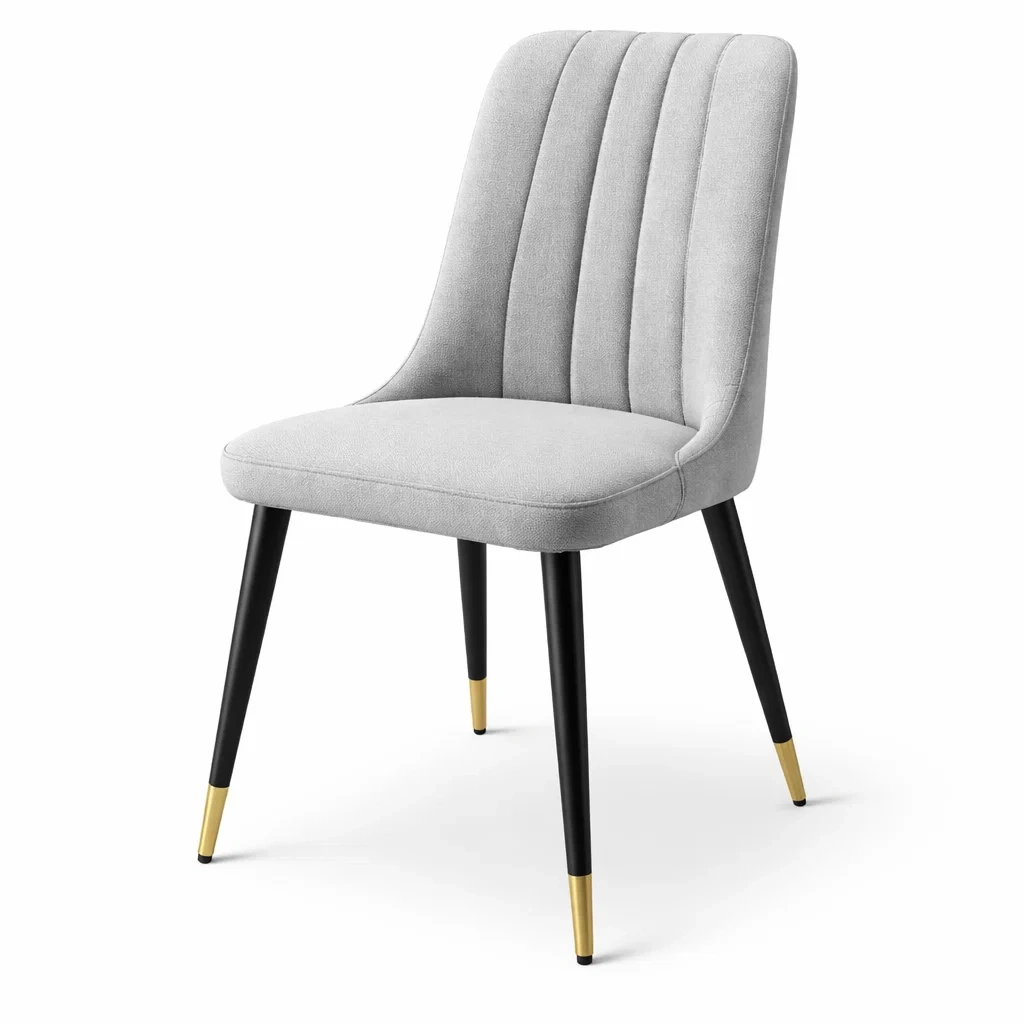 Sedia da pranzo in tessuto grigio con gambe in metallo nero e dettagli oro-PURENOOKVIBES
