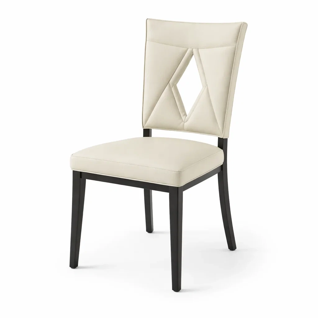 Sedia da pranzo in legno e pelle sintetica crema con schienale geometrico-PURENOOKVIBES