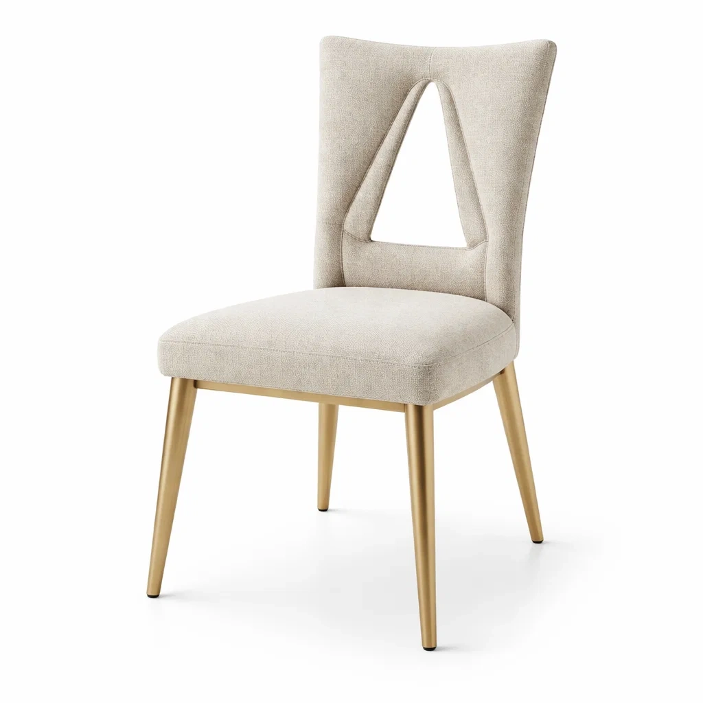 Sedia da pranzo in tessuto poliestere beige con gambe in metallo dorato-PURENOOKVIBES