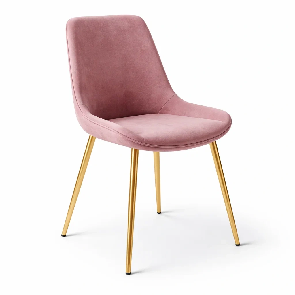 Sedia da pranzo in velluto rosa con gambe in metallo dorato-PURENOOKVIBES