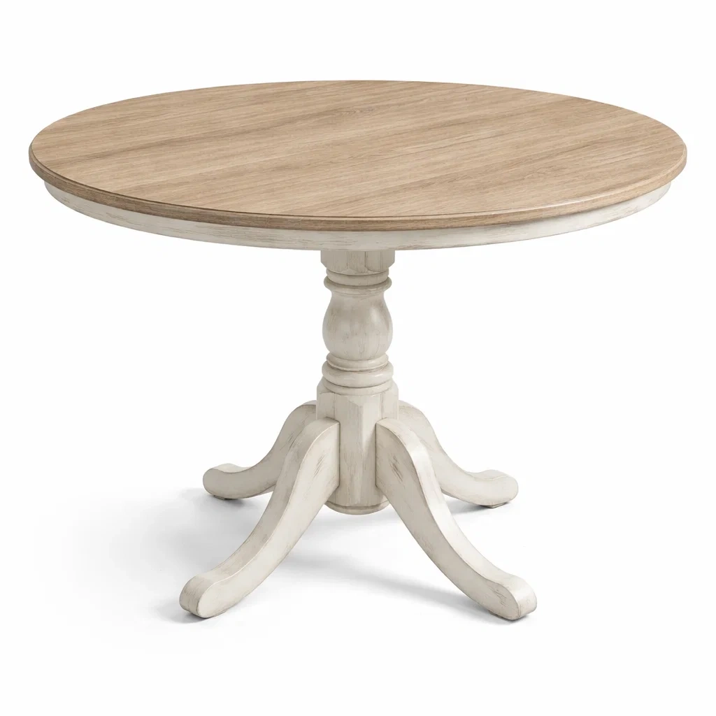 Tavolo da pranzo rotondo in legno con base bianca-PURENOOKVIBES