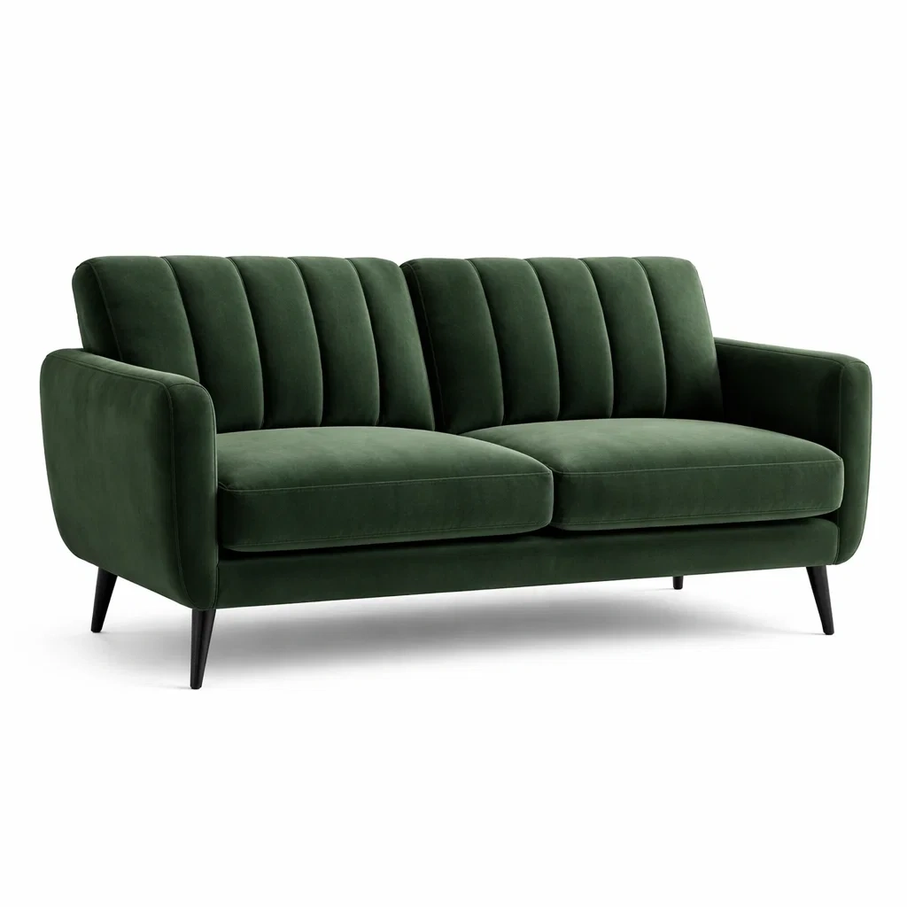 Divano in velluto verde con gambe in legno massello-PURENOOKVIBES