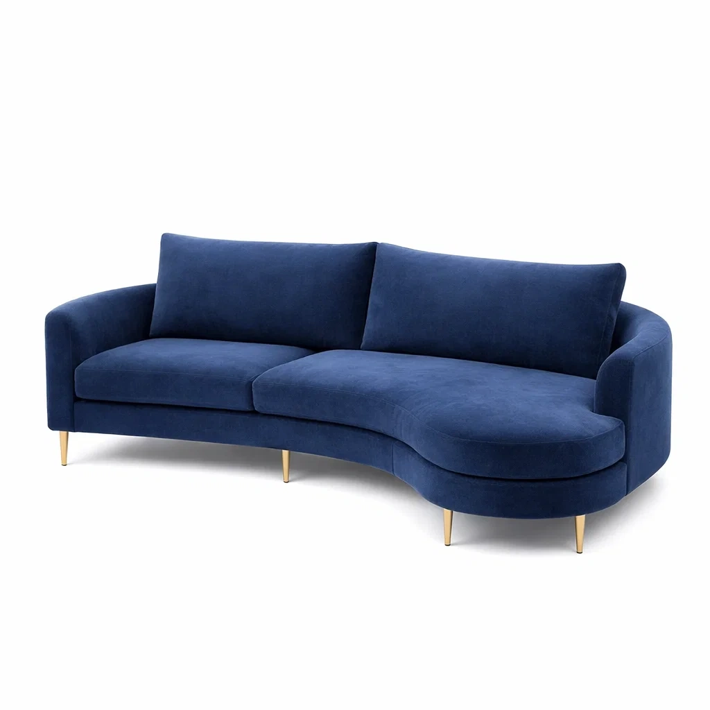 Divano curvo in velluto blu con gambe in metallo dorato-PURENOOKVIBES